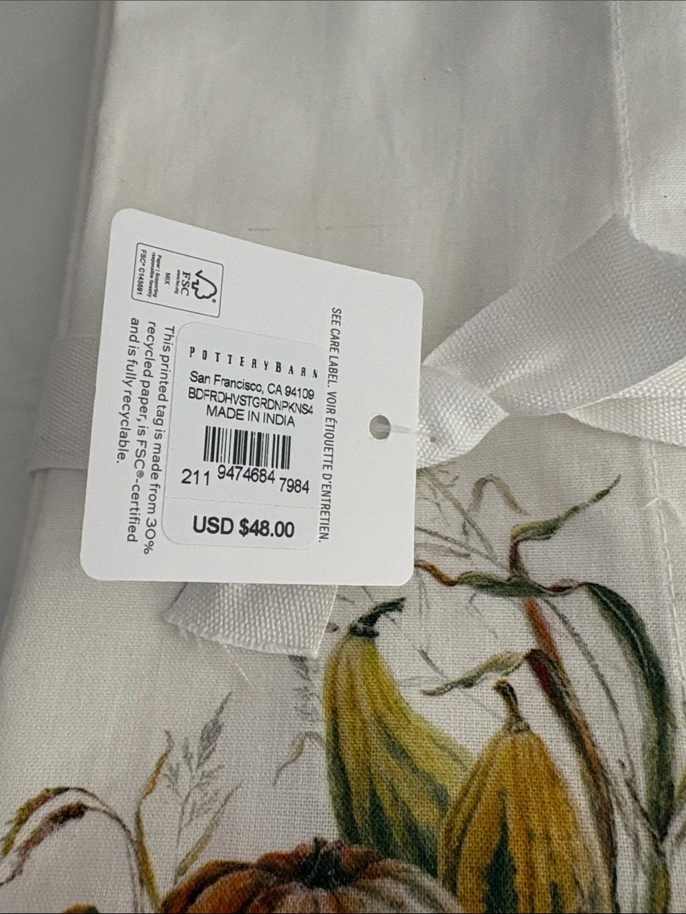 Pottery Barn White Napkins with Orange and Green Gourd Print